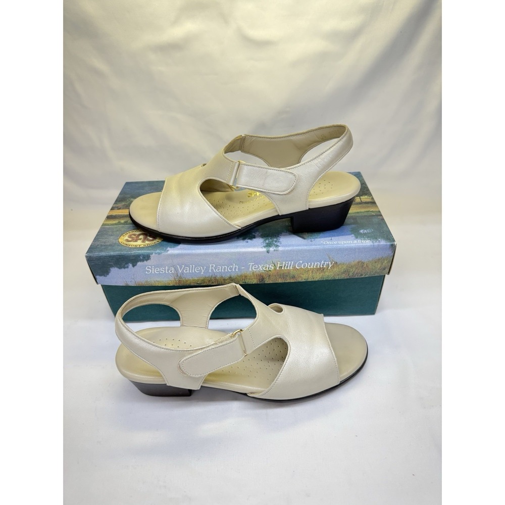 SAS Suntimer Heel Strap Sandals Womens 8 Pearl Bone Leather Open Toe Shoes